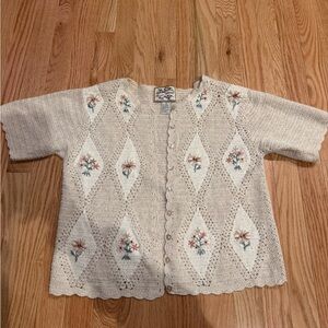 Women's Beige Knit Button Down Shirt with Floral Design